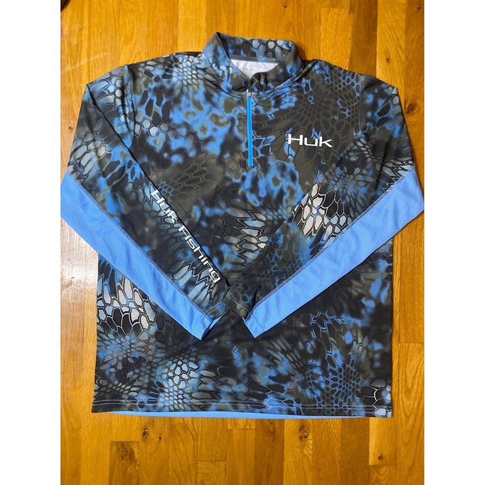Huk Kryptek Neptune 1/4 Zip Fishing Shirt Mens Large Long Sleeve Blue Camo